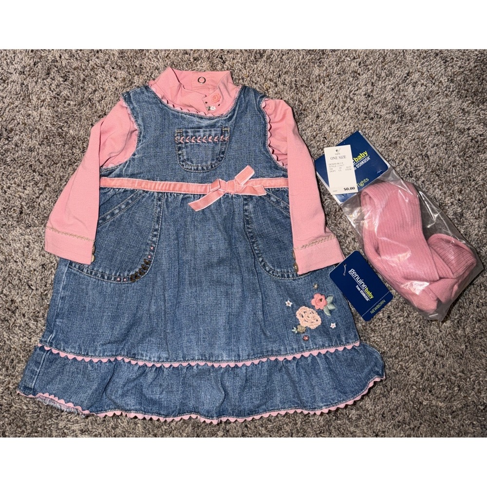 Y2K Genuine Baby OshKosh 6M 3Pc Denim Jumper Pink Top Tights Set NWT Target